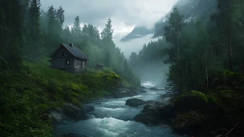 Mountain river cabin in misty evergreen valley at dawn.