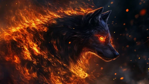 Wolf head rendered in flames against dark contrasting field