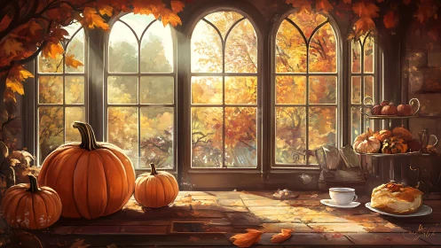 Cozy autumn window scene with pumpkins and pastries bathed in light.