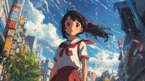 City breeze and falling petals around a daydreaming girl.