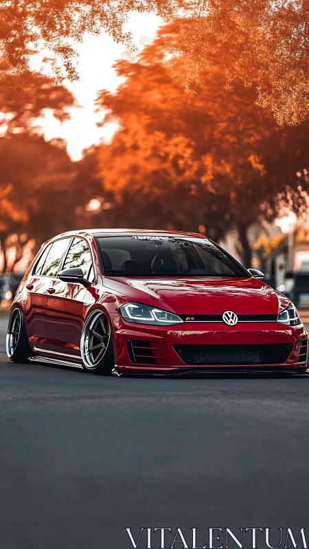 Lowered red hatchback under warm autumn bokeh canopy.