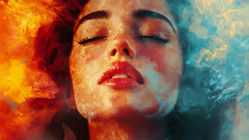 Dual Elements Converge: Fire and Water Portrait Study.