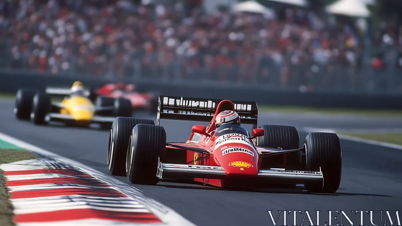 Red Formula One car leading intense circuit chase at speed.