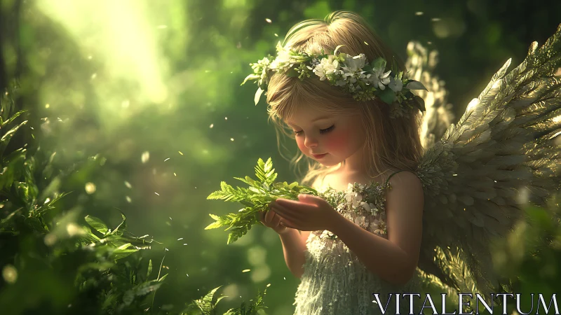 Child angel with feathered wings studies leaves in forest