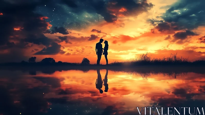 Couple silhouette reflected in water at sunset.