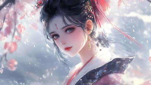 Blossom-veiled moonlit maiden in drifting sakura snow.