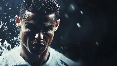 Close-up wet male athlete portrait under dark lighting.