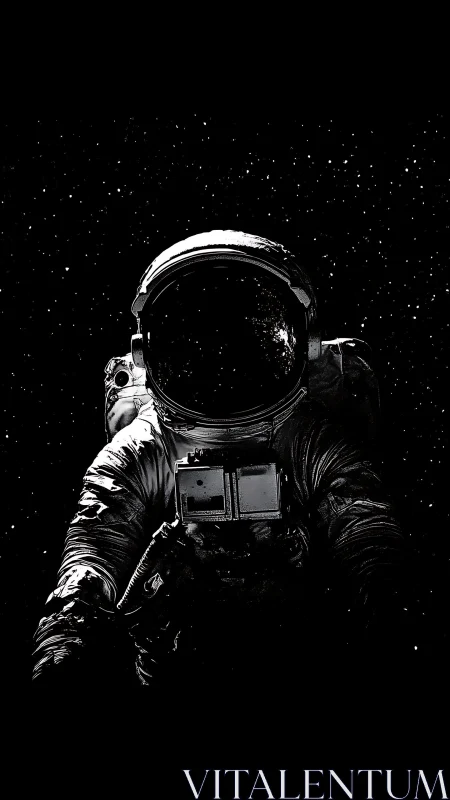 Solitary astronaut drifts through star-pierced cosmic silence.
