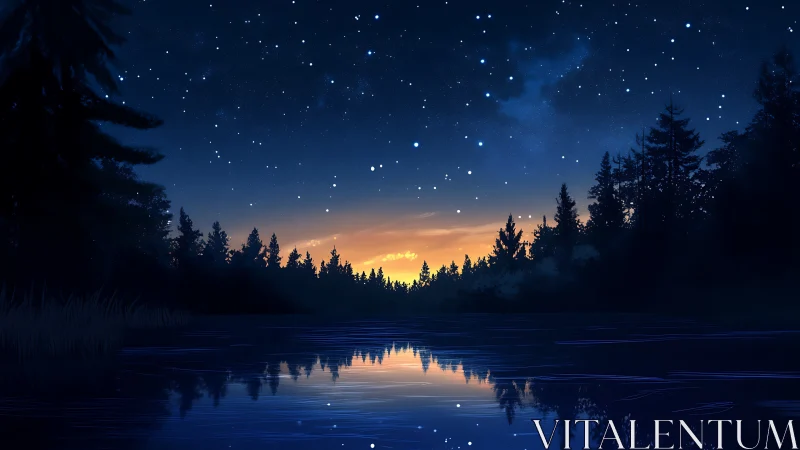 Night sky over forest lake is rendered with star reflections