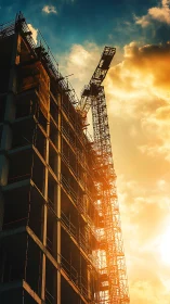 Structural framework under construction with equipment silhouettes against golden sky