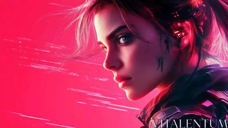 Neon cyber heroine gazes ahead with cool focused intensity