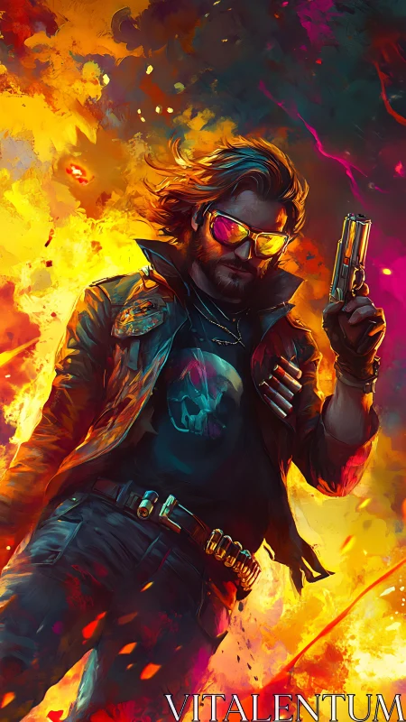 Cyber-noir gunfighter strides through inferno in vivid digital painting