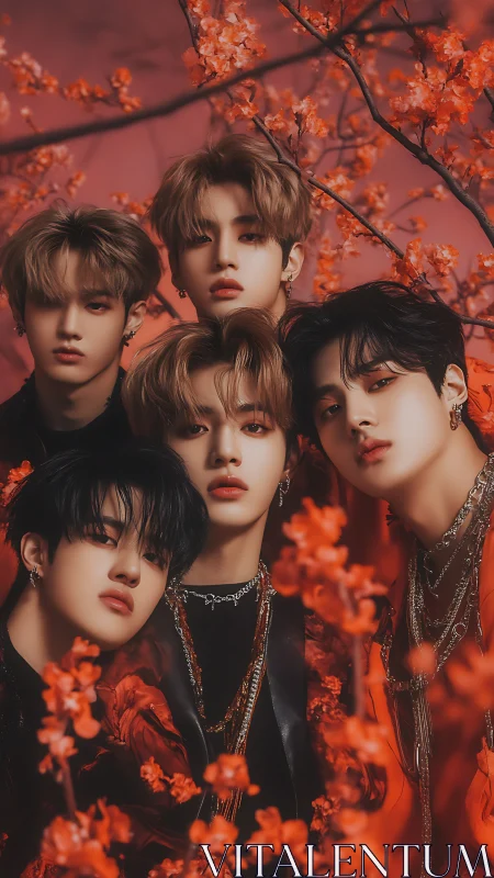 Five stylized male figures framed by red flowering branches.