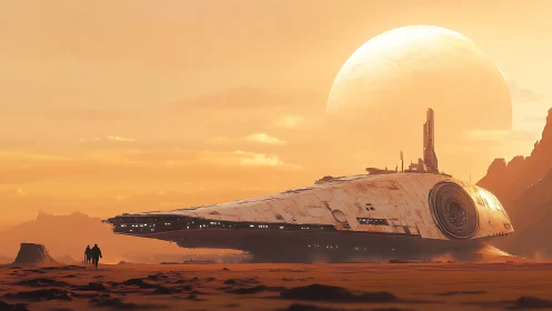 Colossal starship rests on desert world beneath blazing moon