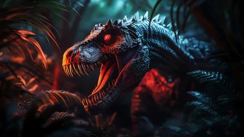 Predatory dinosaur roars through neon-lit primal jungle night