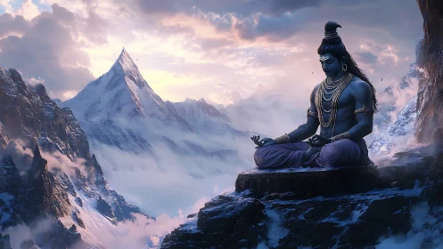 Serene blue deity meditating peacefully in snowy peaks.