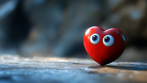 Animated Red Heart with Eyes on Wet Ground