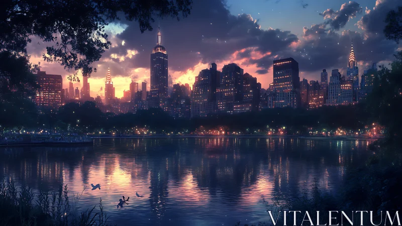 Twilight city skyline leans into dusk over a whispering lake