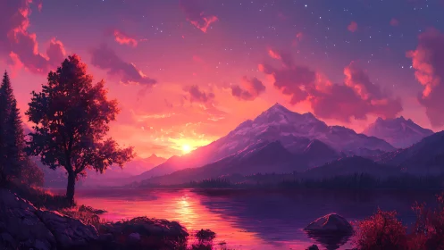 Luminous alpine lake sunset under magenta sky reflections.