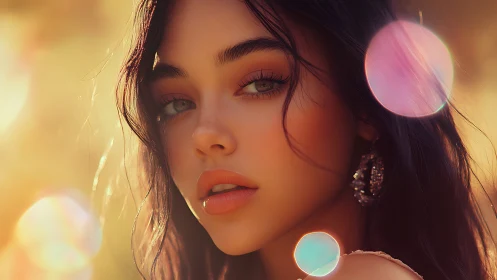 Portrait beauty glows in golden bokeh sunset light.