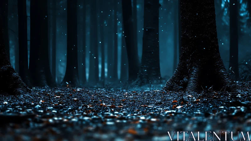 Luminescent Forest Floor at Night with Glowing Particles.