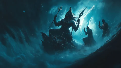 Divine warrior rides stormy ocean vortex in teal glow