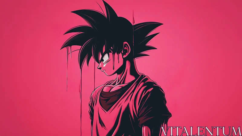 Brooding anime warrior stands against bold neon pink void