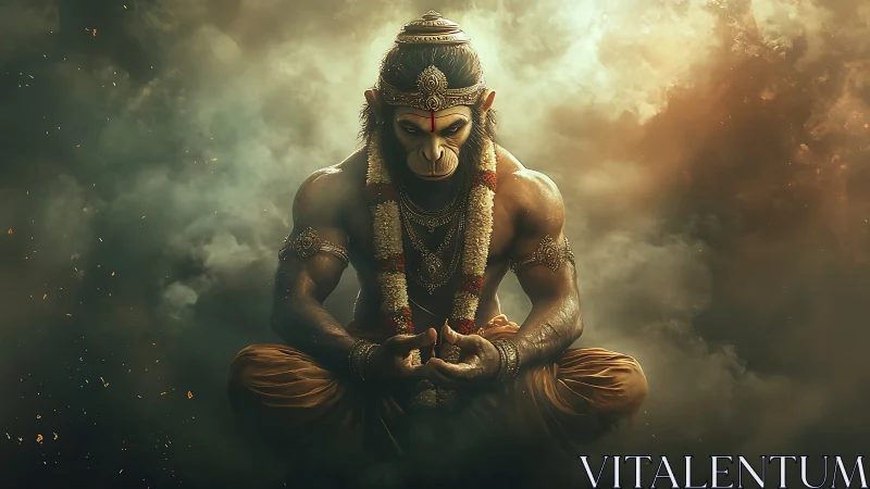 Divine monkey warrior in fiery smoke-lit meditation trance.