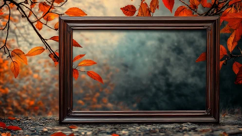 Empty wooden frame surrounds autumn leaves in soft focus