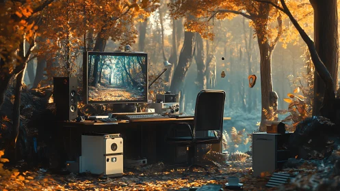 Outdoor computer workstation in dense autumn forest scene.
