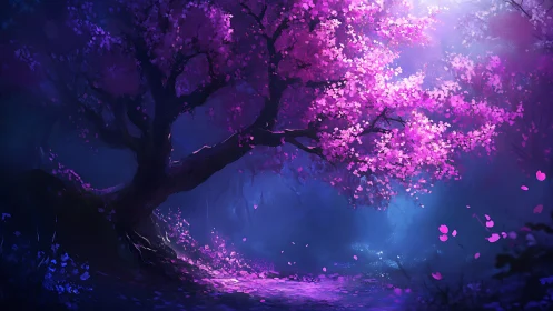 Luminescent cherry tree forms vivid focal point in ethereal forest