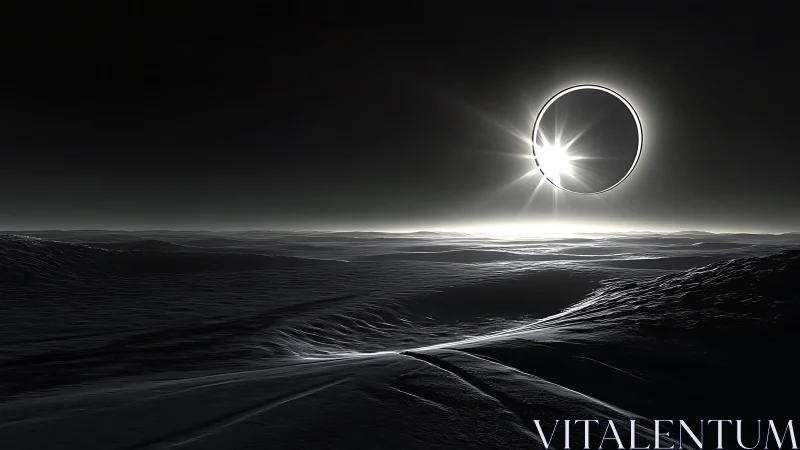 Solar eclipse over monochrome alien dune landscape.