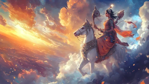 Divine warrior goddess rides through blazing celestial sky.
