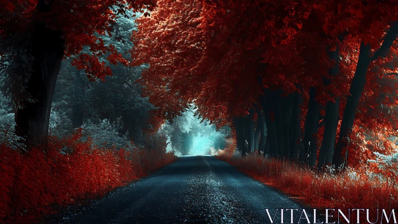 Red forest road leading into bright misty distance.