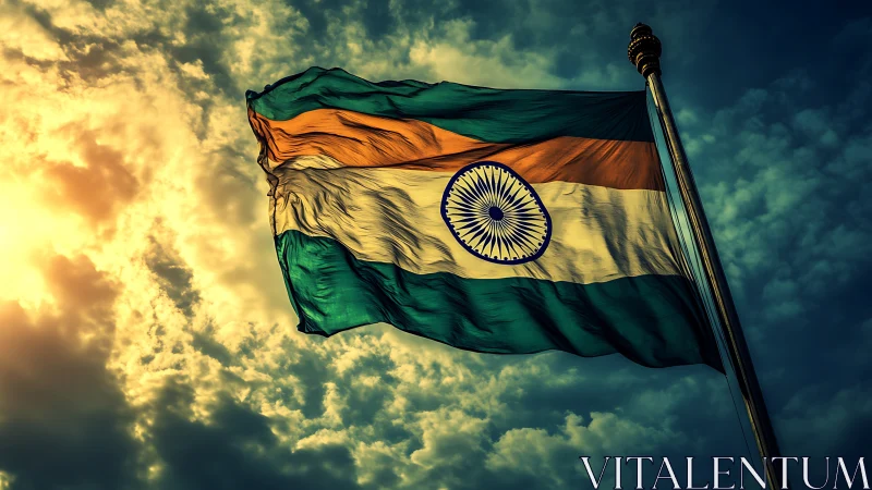 Indian national flag is shown flying against a cloudy sky