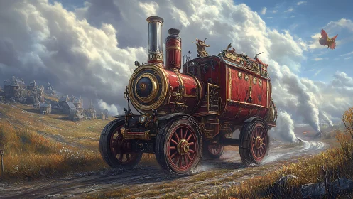 Majestic red steam wagon rolls through a misty fantasy valley