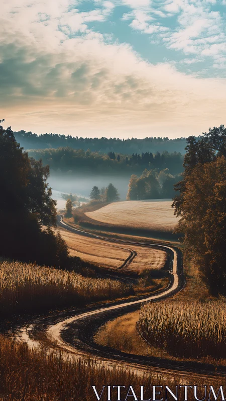 Golden country road gently winding through misty autumn fields