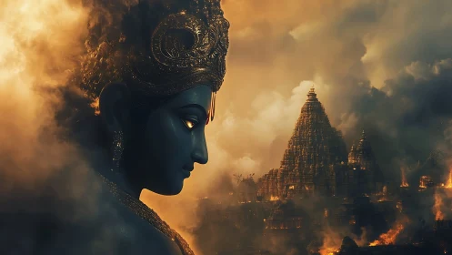 Divine blue deity watches burning temple complex at dusk