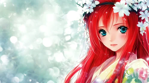 Red haired anime girl in floral kimono with soft bokeh field