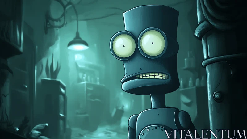 Wide-eyed cartoon robot freezes in eerie teal workshop