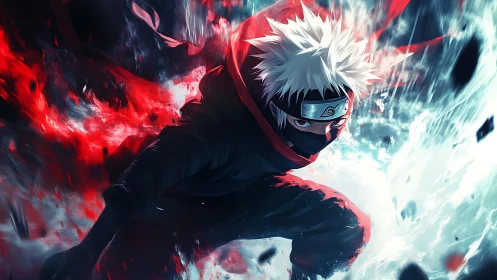 Storm-charged ninja surges forward in a clash of red and ice