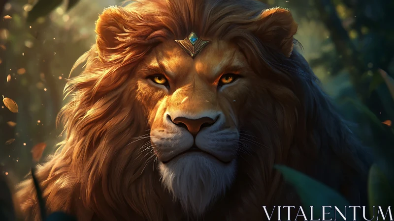 Regal lion portrait with jeweled crown in forest light.