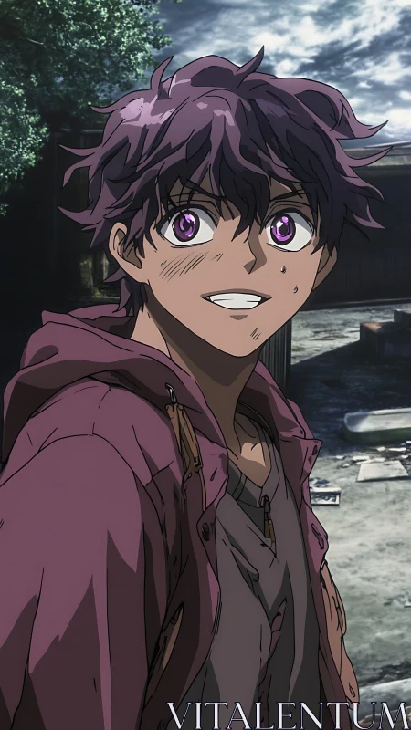 Purple-eyed anime teen in weathered urban courtyard lighting.