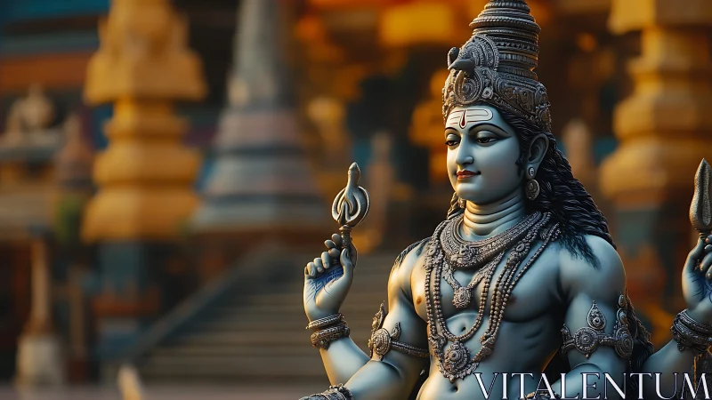 Photorealistic Shiva sculpture with temple depth of field.