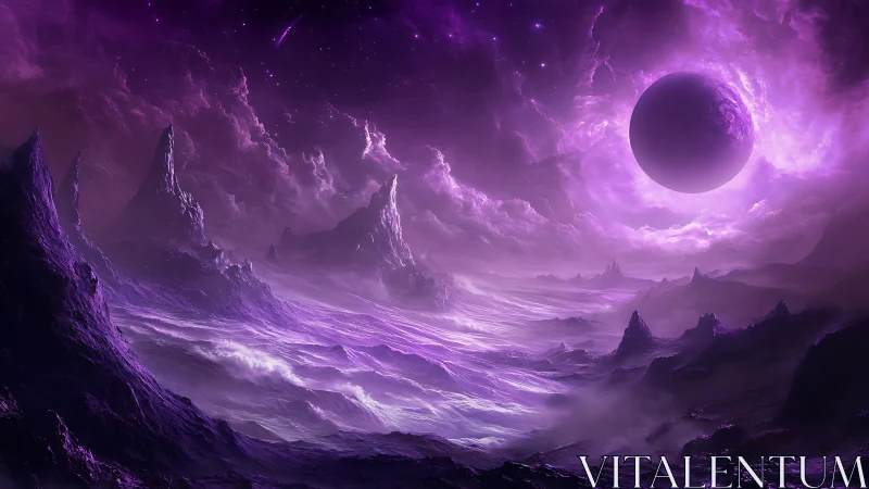 Violet extraterrestrial landscape under eclipsed gas giant glow