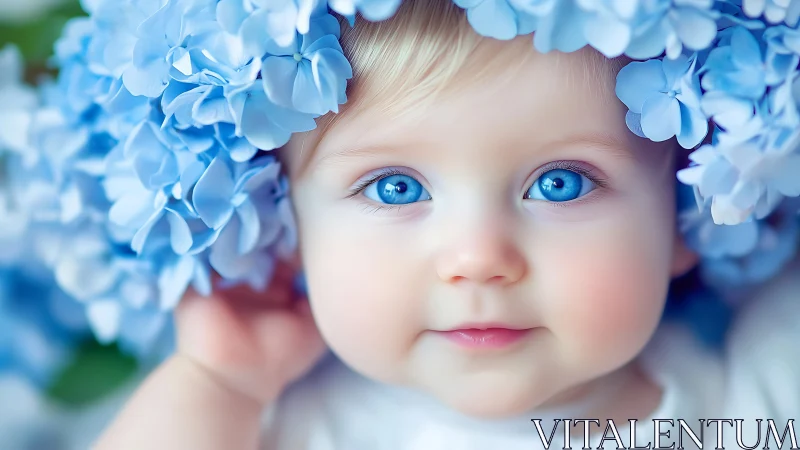 Precious blue-eyed toddler surrounded by delicate blue flowers