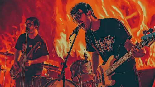 Rock band performs intensely before stylized fiery backdrop