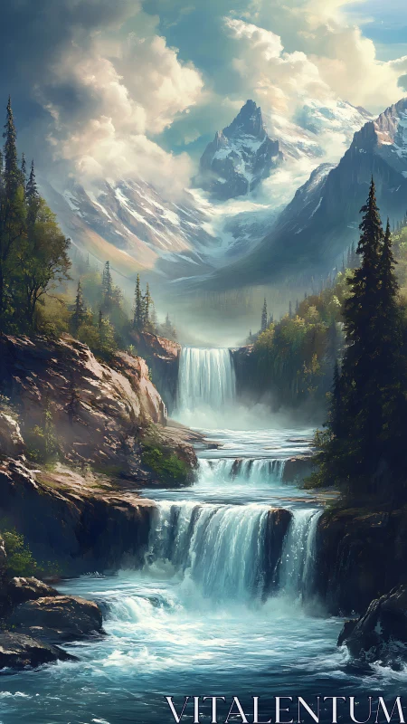 Peaceful mountain waterfalls in a sunlit alpine valley.