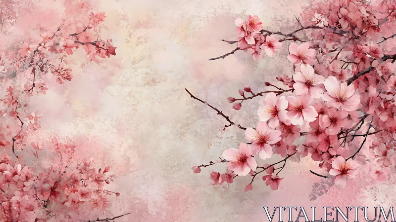 Pink flowering branches rendered with atmospheric blur and textured overlay.