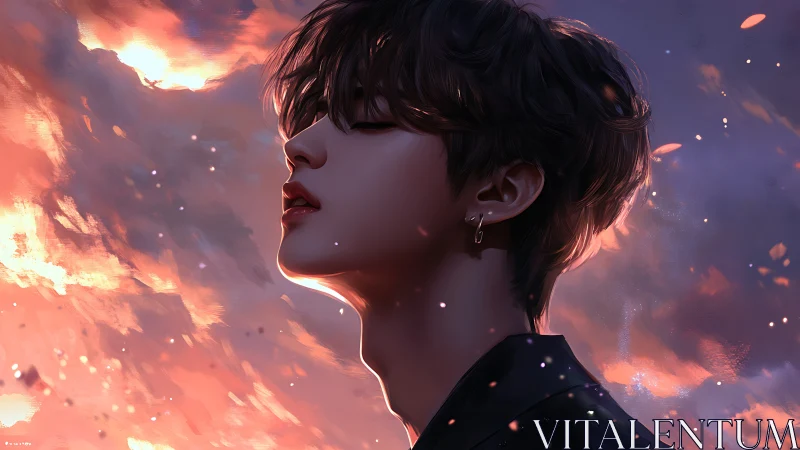 Digital painting portrait with luminous sunset bokeh glow.